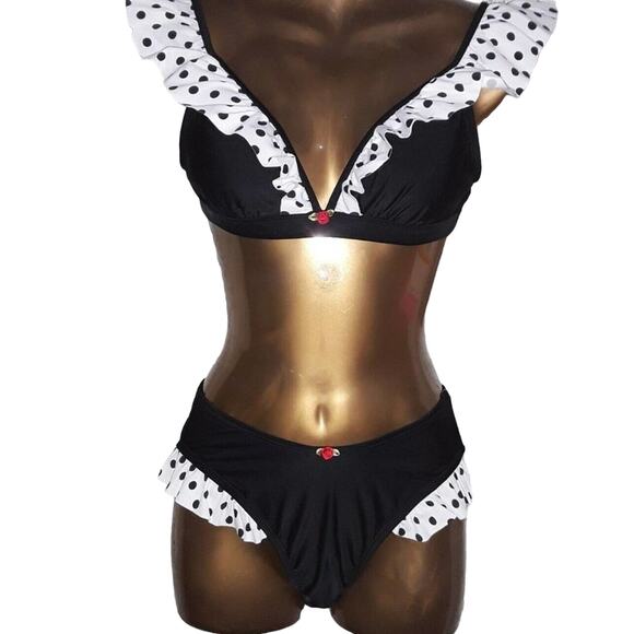 NWT Betsey Johnson Sz M DOTS AMORE Polka Dot Ruffle Bikini Top - Picture 3 of 8